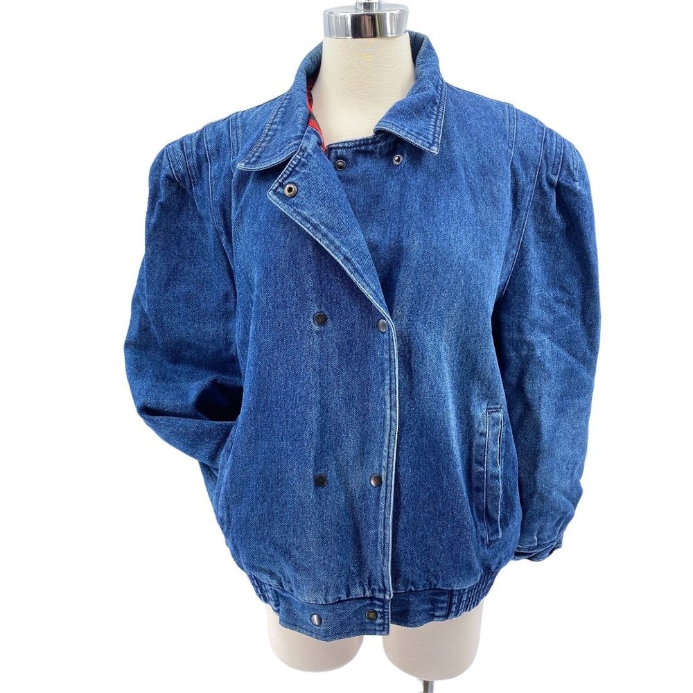 Vintage Bramble Lane Denim bomber jacket size medium‎ plaid lining cotton